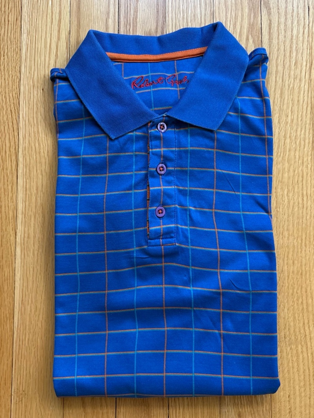 Robert Graham Men’s Short Sleeve Polo Shirt Classic Fit Large Blue Orange Plaid
